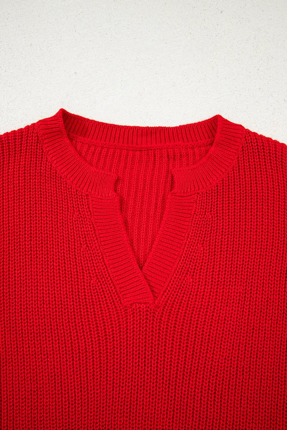 Premium Racing Red Solid Textured Knit V Neck Drop Shoulder Sweater Dear-Lover Dropshipping